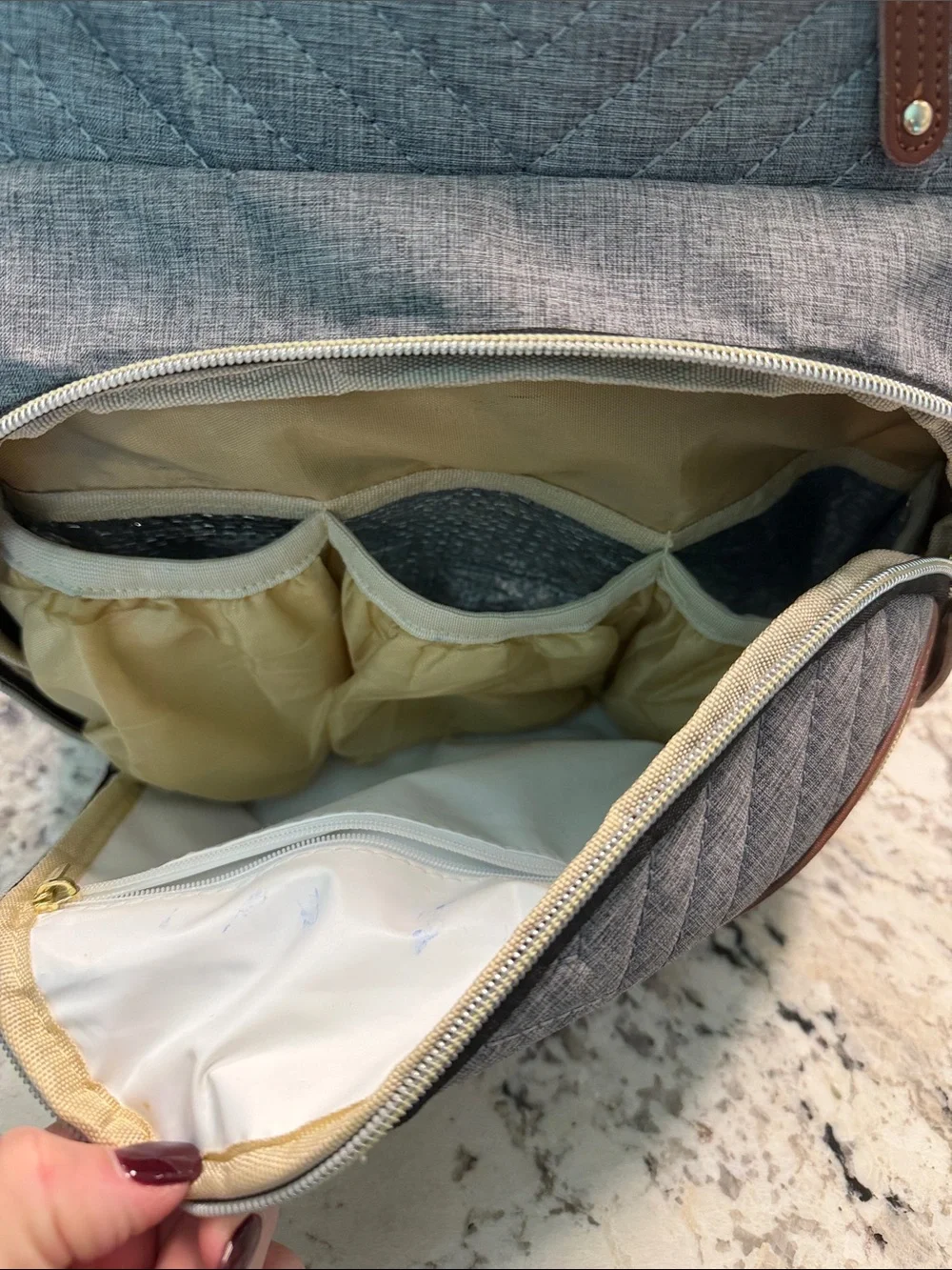 Gray Quilted Diaper bag with bottle warmer